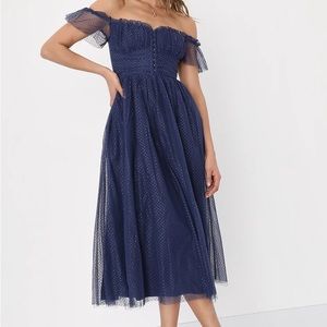Regal Radiance Navy Blue Tulle Bustier Midi Dress